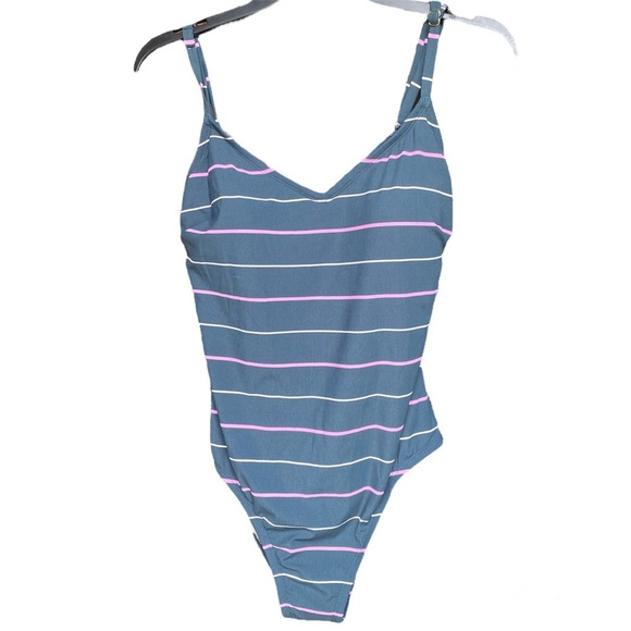 Kona Sol Striped Swimsuit Gray and Pink Size Large - Picture 5 of 13